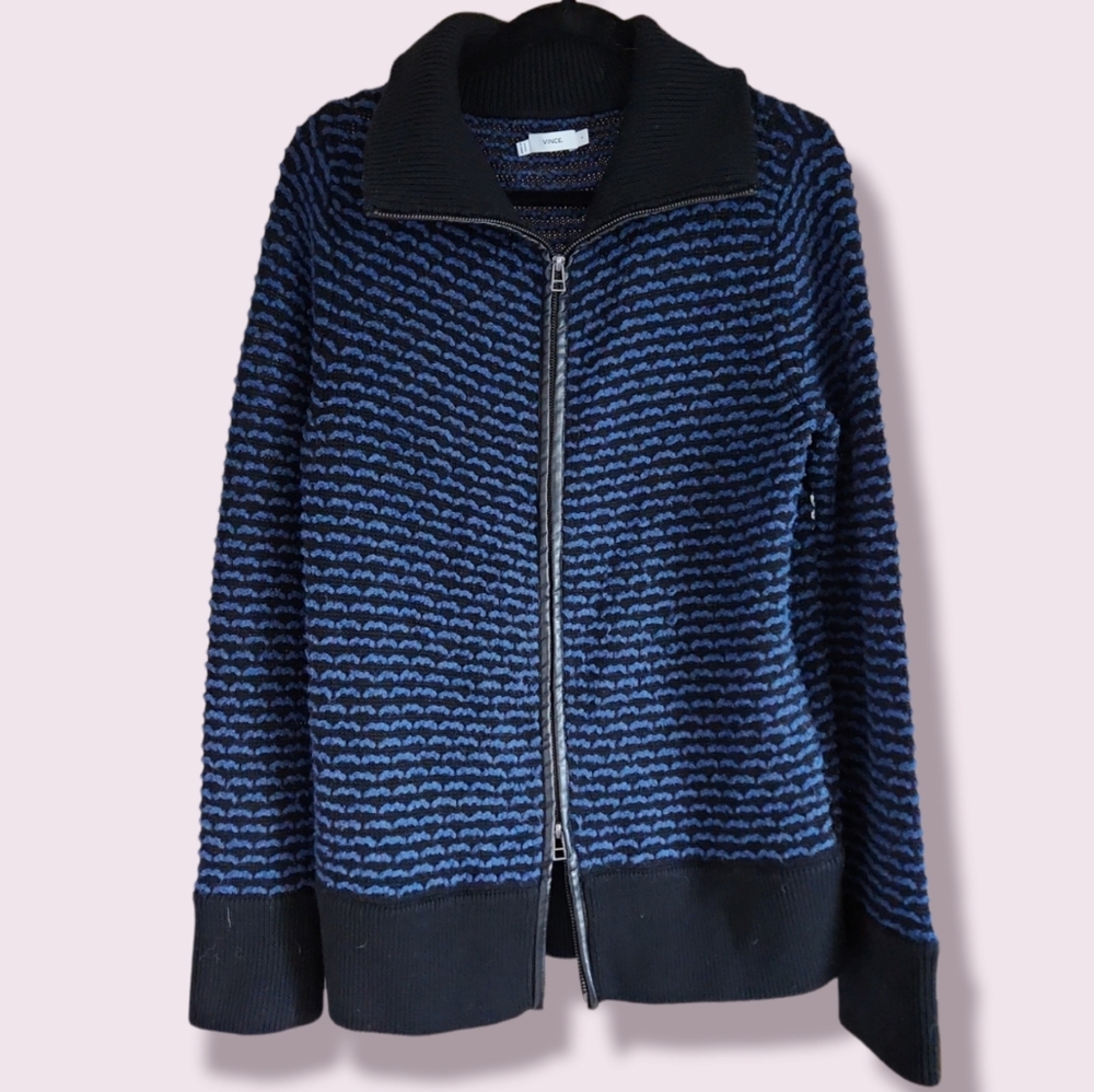 Vince Mock Neck Leather Trim Sweater Blue